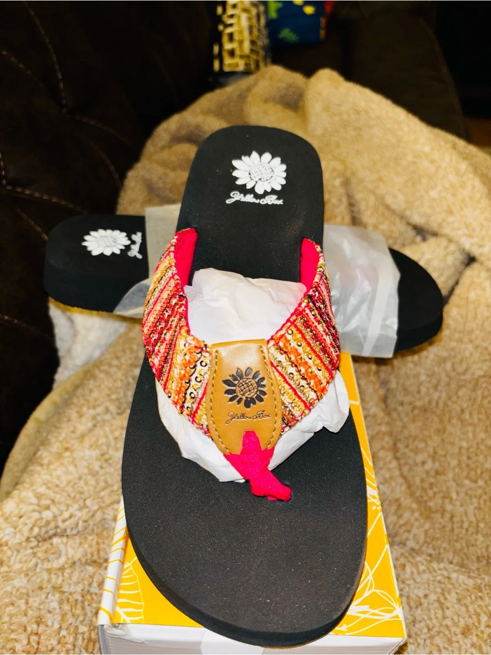 Yellow Box Black Sandal with Multicolor Woven Strap and Pink Accent
